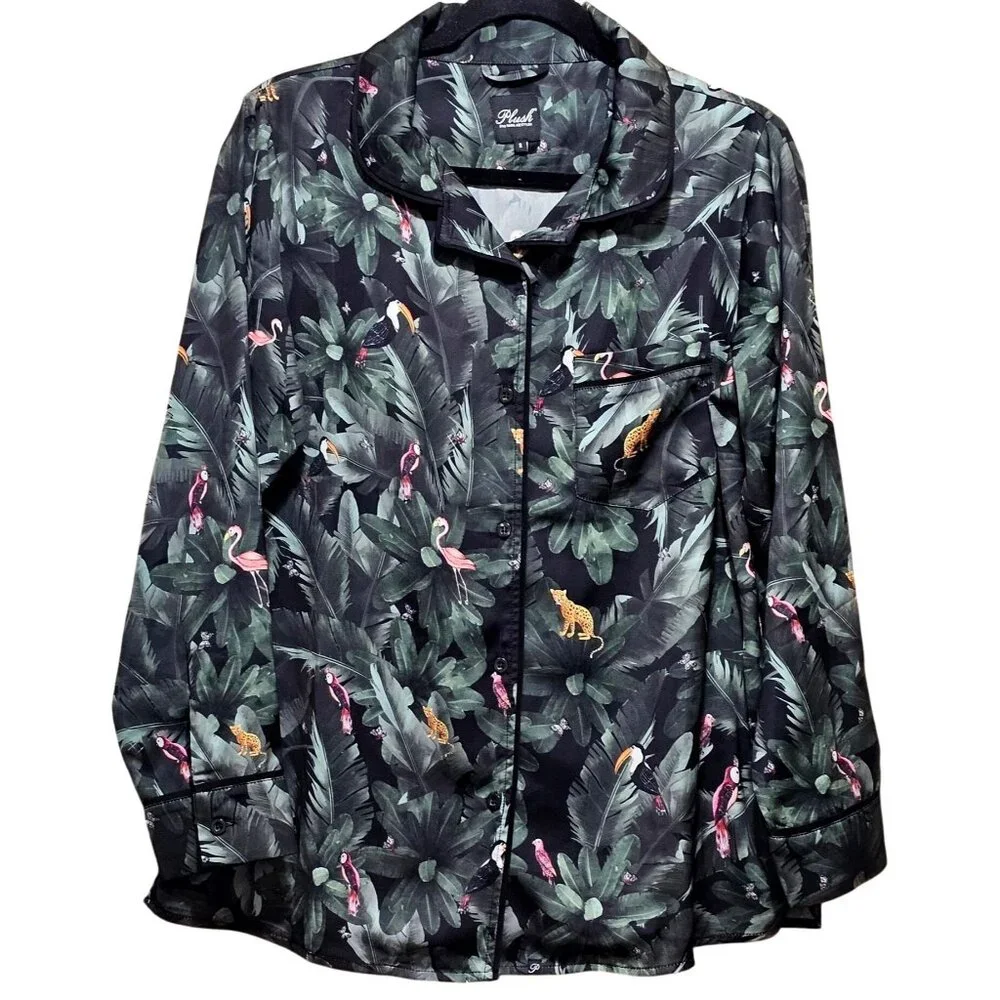 Plush Women's Jungle Print Button-Up Pajama Top S Polyester Blouse - Picture 2 of 7